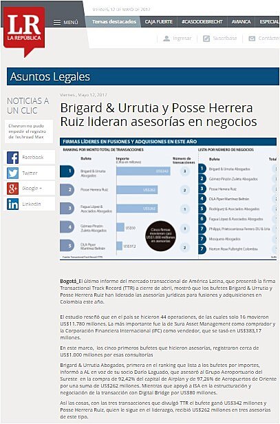 Brigard & Urrutia y Posse Herrera Ruiz lideran asesoras en negocios